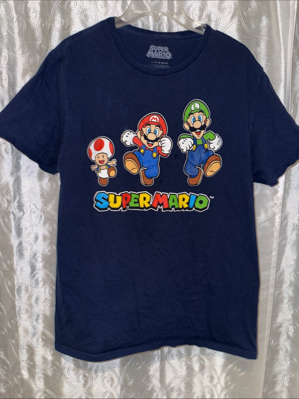 Nintendo Navy Super Mario Character Tee with Mario, Luigi & Toad Size Large 🔥 B3